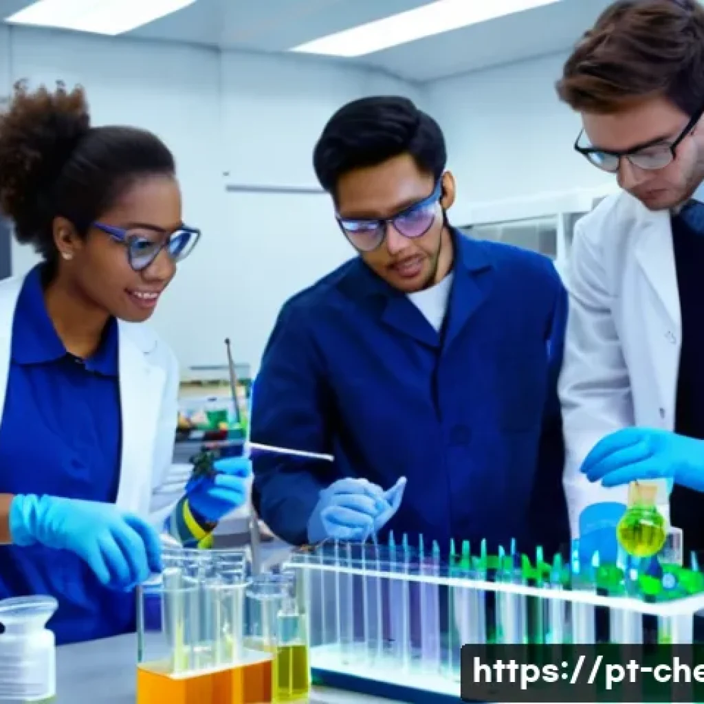 화학공학 연구소 근무 환경 - A vibrant and dynamic chemical engineering laboratory. In the foreground, a diverse team of three ch...