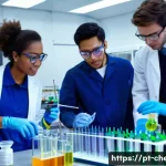 Home 9 화학공학 연구소 근무 환경 - A vibrant and dynamic chemical engineering laboratory. In the foreground, a diverse team of three ch...