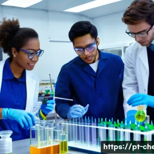 Home 21 화학공학 연구소 근무 환경 - A vibrant and dynamic chemical engineering laboratory. In the foreground, a diverse team of three ch...