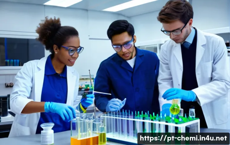 화학공학 연구소 근무 환경 - A vibrant and dynamic chemical engineering laboratory. In the foreground, a diverse team of three ch...