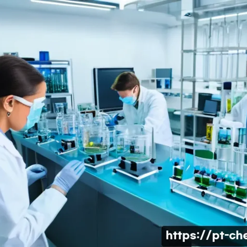 화학공학 실험 연구 사례 - A modern chemical engineering laboratory scene showing a diverse team of researchers carefully contr...