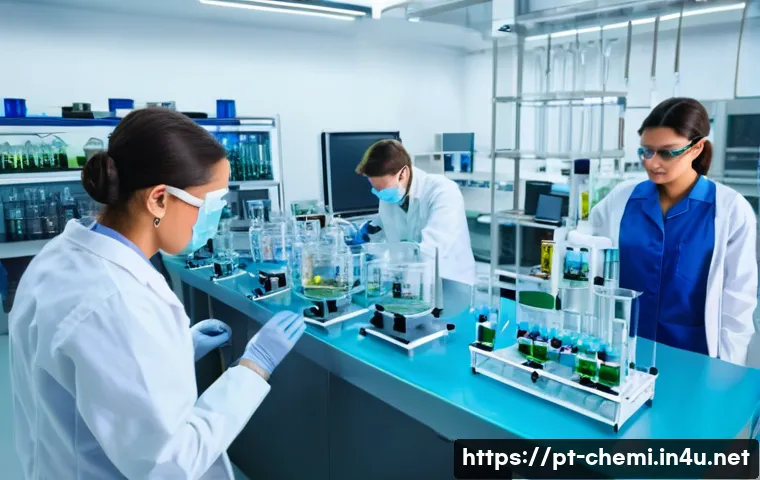 화학공학 실험 연구 사례 - A modern chemical engineering laboratory scene showing a diverse team of researchers carefully contr...