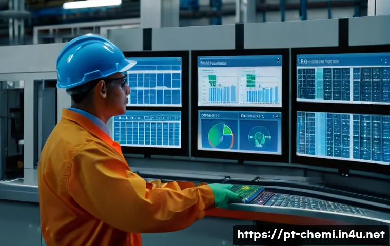 화학공학 산업동향 - A highly detailed industrial chemical plant control room showcasing advanced automation technology, ...