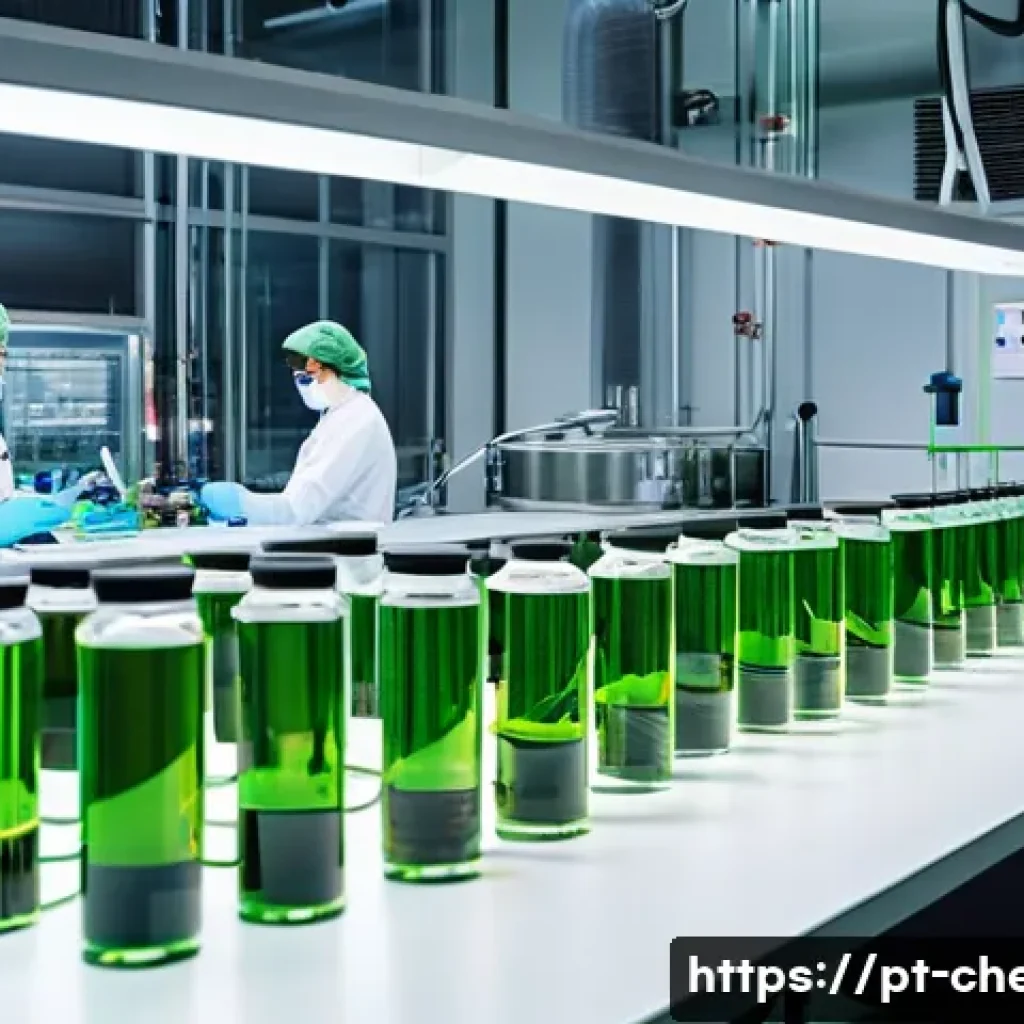 화학공학 연구 활동 사례 - A high-tech sustainable chemical engineering laboratory scene showing scientists in modern lab coats...