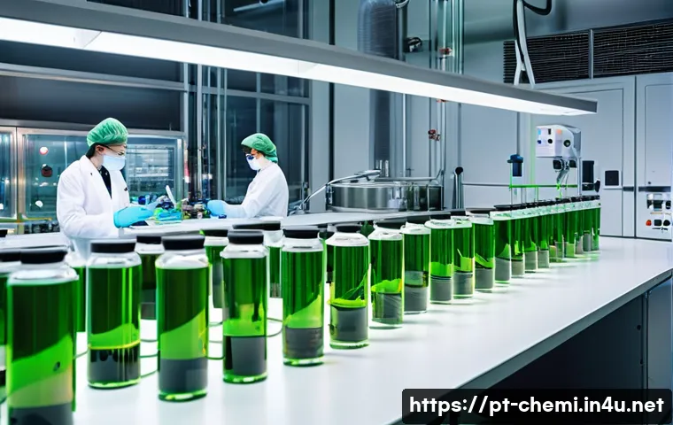 화학공학 연구 활동 사례 - A high-tech sustainable chemical engineering laboratory scene showing scientists in modern lab coats...
